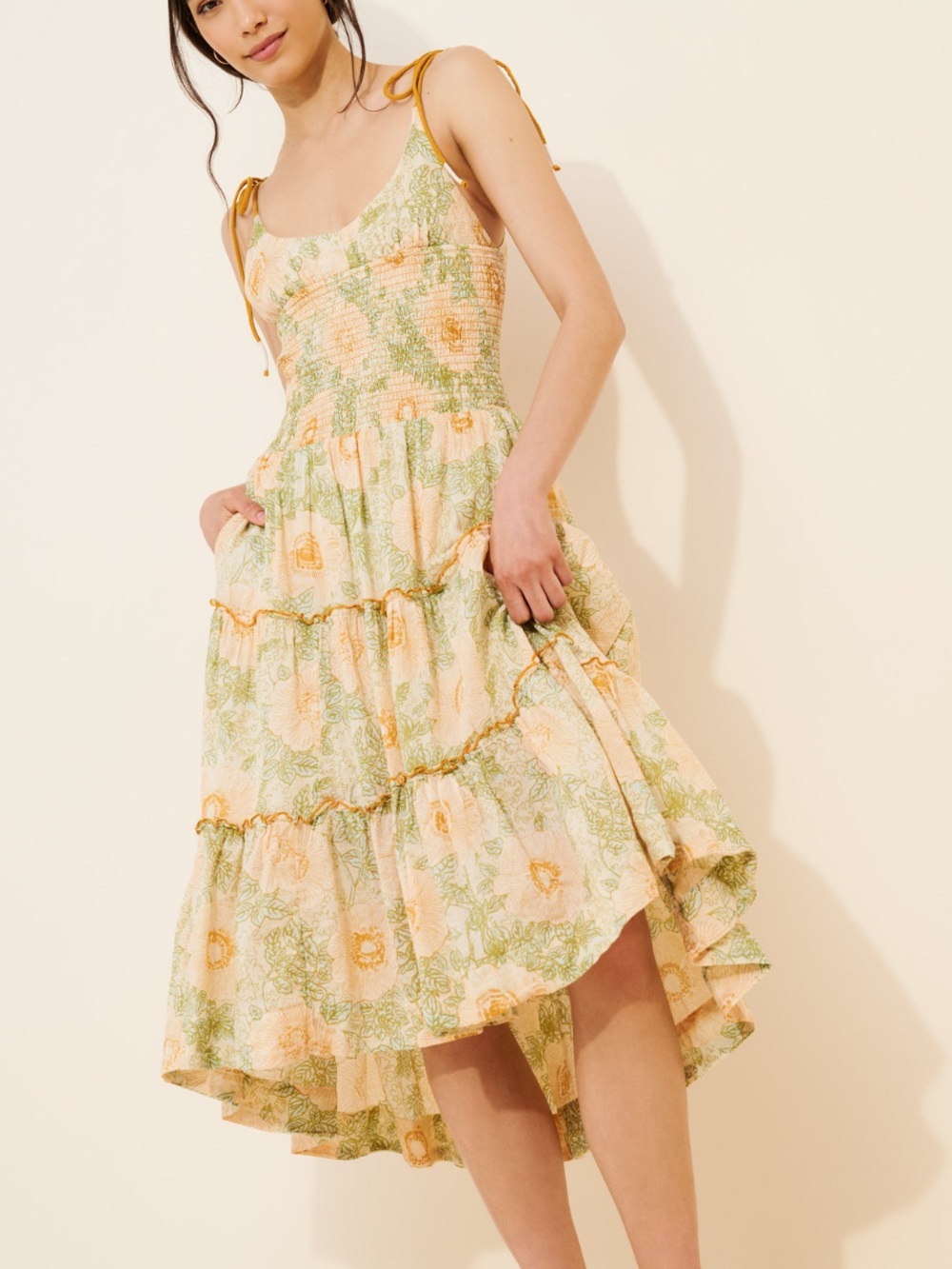 Free People Adriel Pale Yellow and Green Floral Tiered Midi Dress